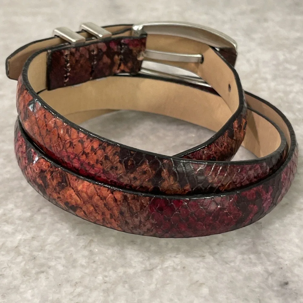 Brighton Snake Belt Womens Size 34 Large Floral Burgundy Python Skinny USA